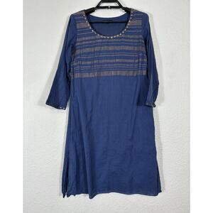 Abraham & Thakore Tunic Womens Size Medium Blue Gold 3/4 Sleeve Side Vents